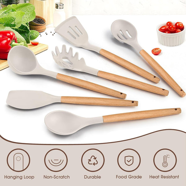 Cooking Utensils Set of 6, Silicone Kitchen Utensils with Wooden Handle, Non-Stick Cookware Friendly & Heat Resistant, Includes Spatula/Ladle/Slotted Turner/Serving Spoon/Spaghetti Server(Khaki)3