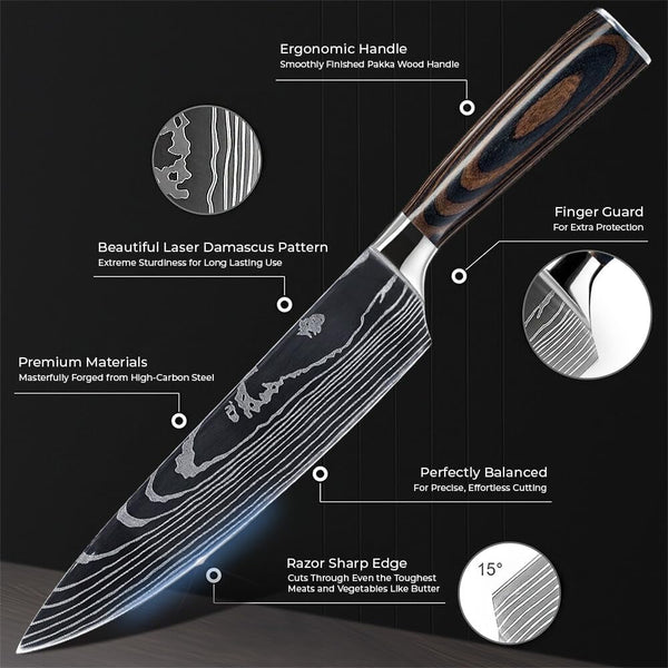 SENKEN 8-Piece Premium Japanese Kitchen Knife Set with Laser Damascus Pattern - Imperial Collection - Chef'S Knife, Santoku, Bread, Paring & More, Ultra Sharp for Very Fast Cutting5