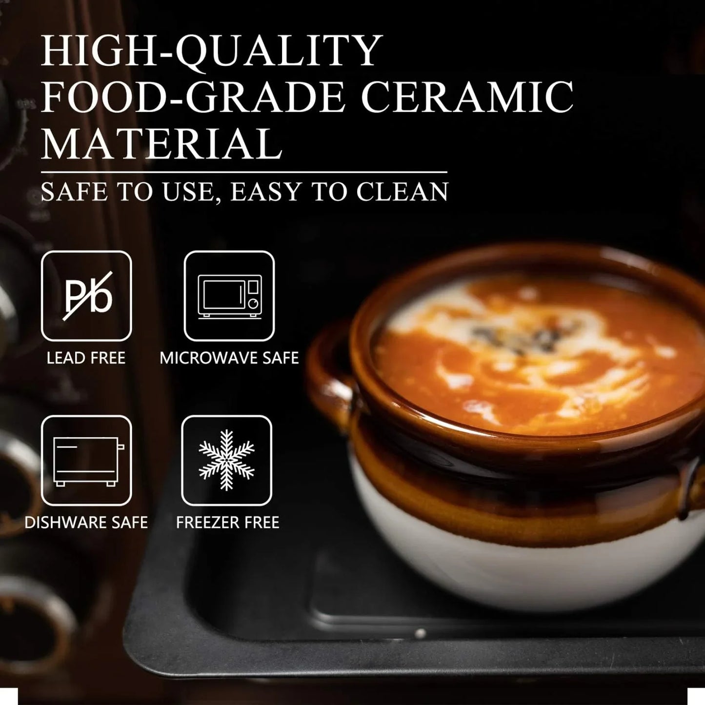 Brown and white ceramic soup bowl with handles filled with creamy soup, promoting high-quality food-grade ceramic