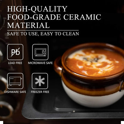 Brown and white ceramic soup bowl with handles filled with creamy soup, promoting high-quality food-grade ceramic