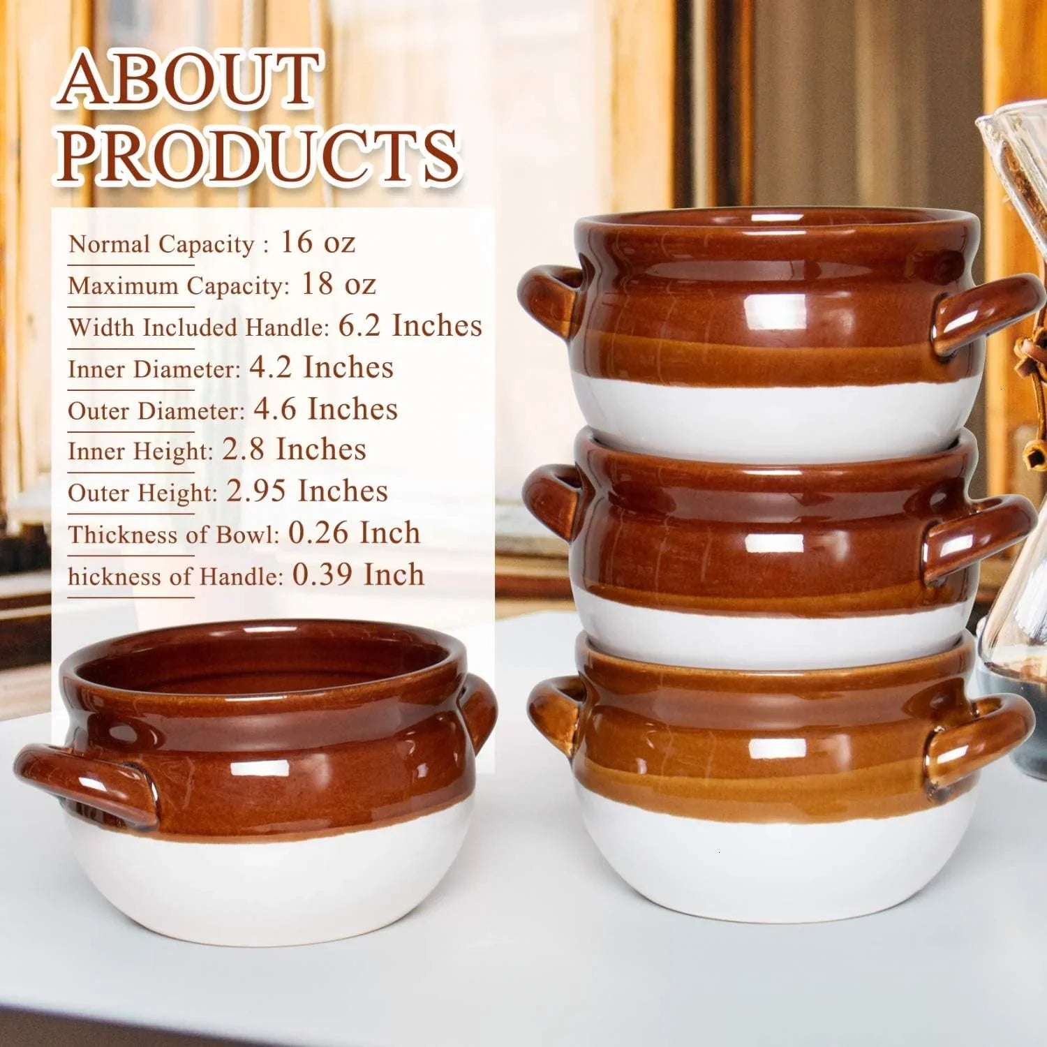 Set of four 16 oz ceramic French onion soup bowls in brown and white with handles stacked on table