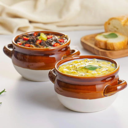 Set of two 16 oz ceramic soup crocks with handles, one filled with creamy soup and the other with chunky soup topped with red peppers