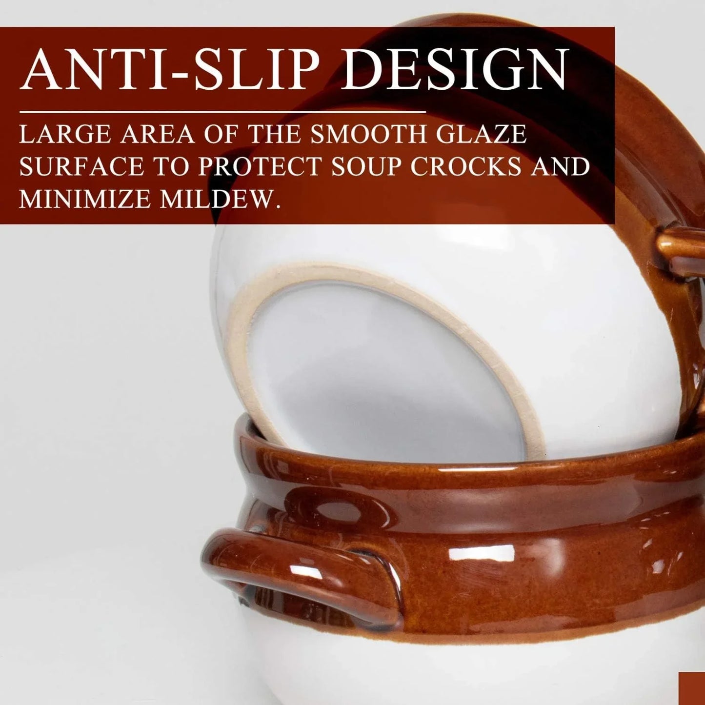 Set of white ceramic soup crocks with brown handles and rims, featuring anti-slip design