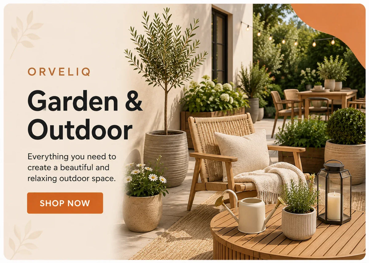 Cozy outdoor patio with wicker chair, potted plants, wooden table, and string lights for garden & outdoor decor