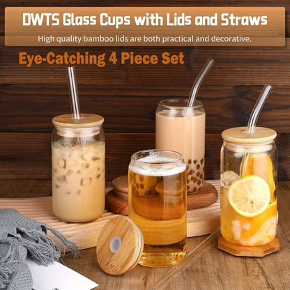 Set of four glass cups with bamboo lids and clear straws containing iced coffee, bubble tea, beer, and lemon water