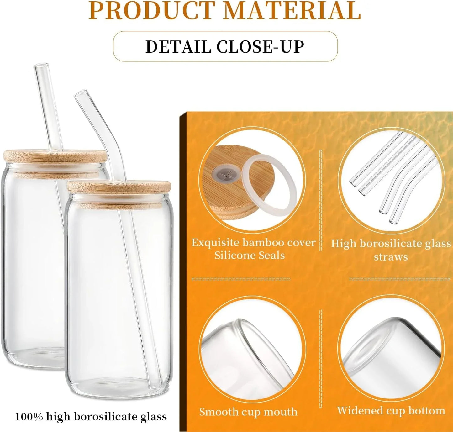 Set of two 16 oz clear borosilicate glass cups with bamboo lids and glass straws, with silicone seals