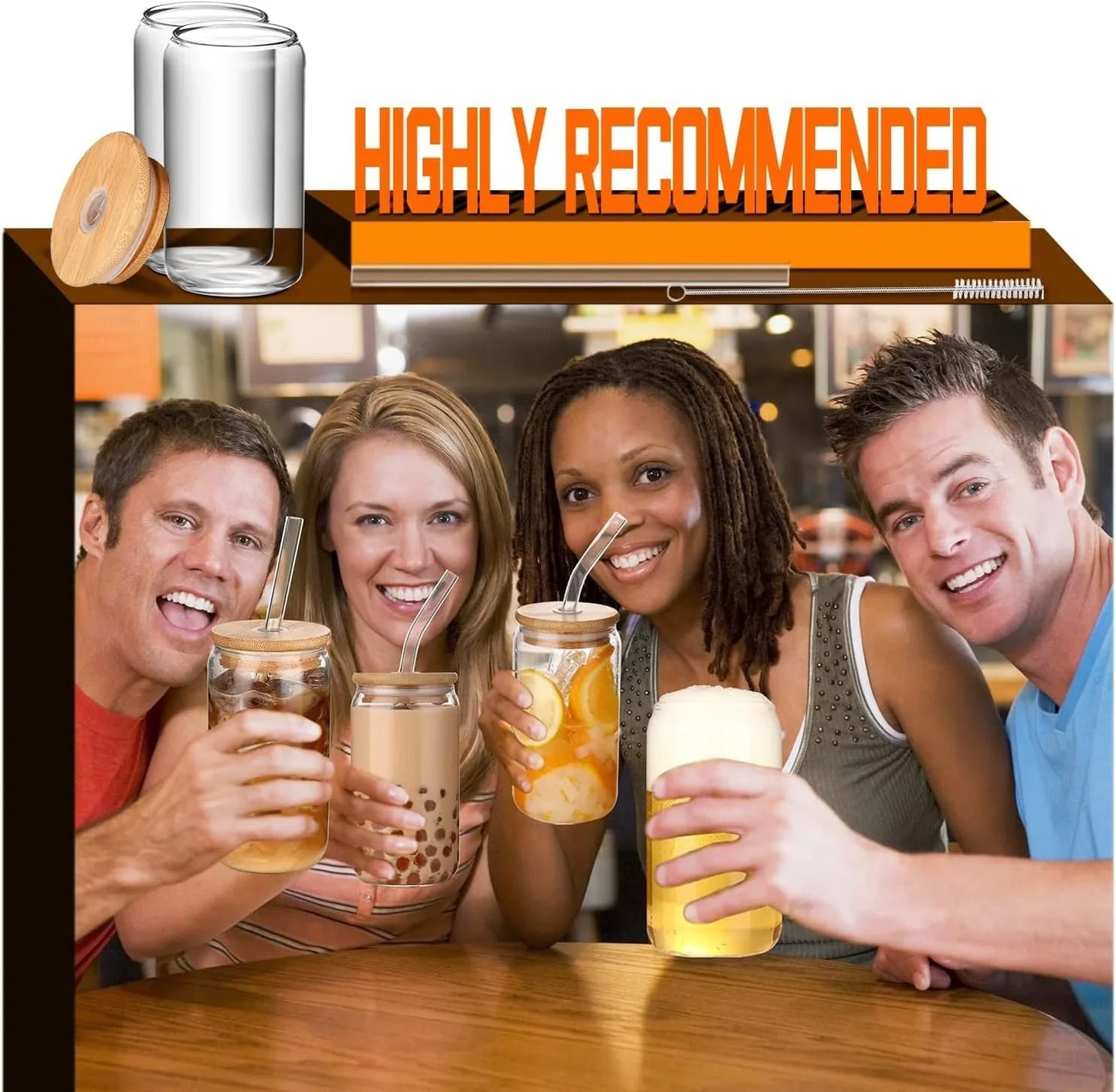 Set of 4 glass tumblers with bamboo lids and silicone straws, held by diverse group of friends