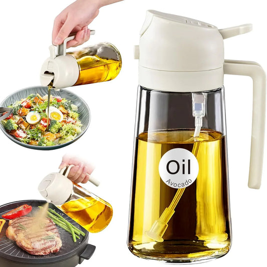 Oil dispenser being used on a salad and grill with a clear bottle labeled 'Oil Avocado'.
