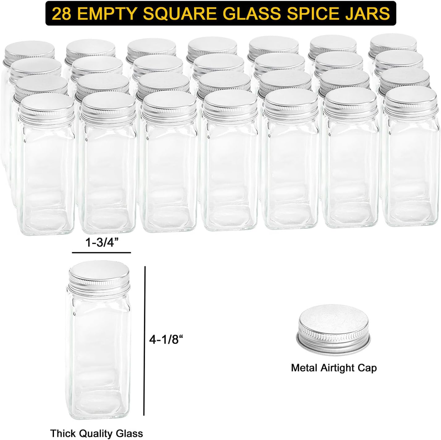 Clear square glass spice jars with metal airtight caps, kitchen storage by Simmerly Home.