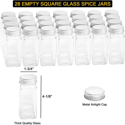 Clear square glass spice jars with metal airtight caps, kitchen storage by Simmerly Home.