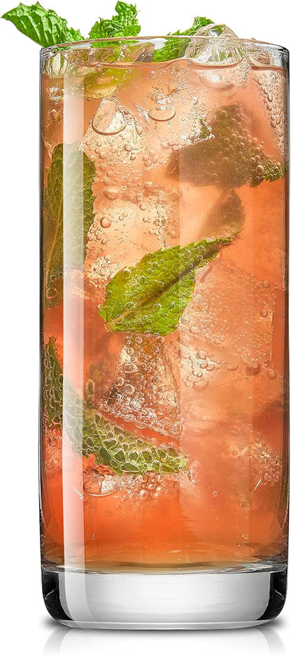 13oz highball glasses displayed on a home bar shelf with bottles behind.