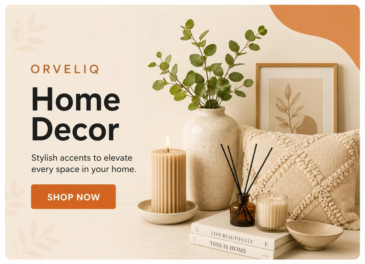 Cozy home decor setup with ceramic vase, eucalyptus, candles, textured pillow, and framed art for stylish living spaces