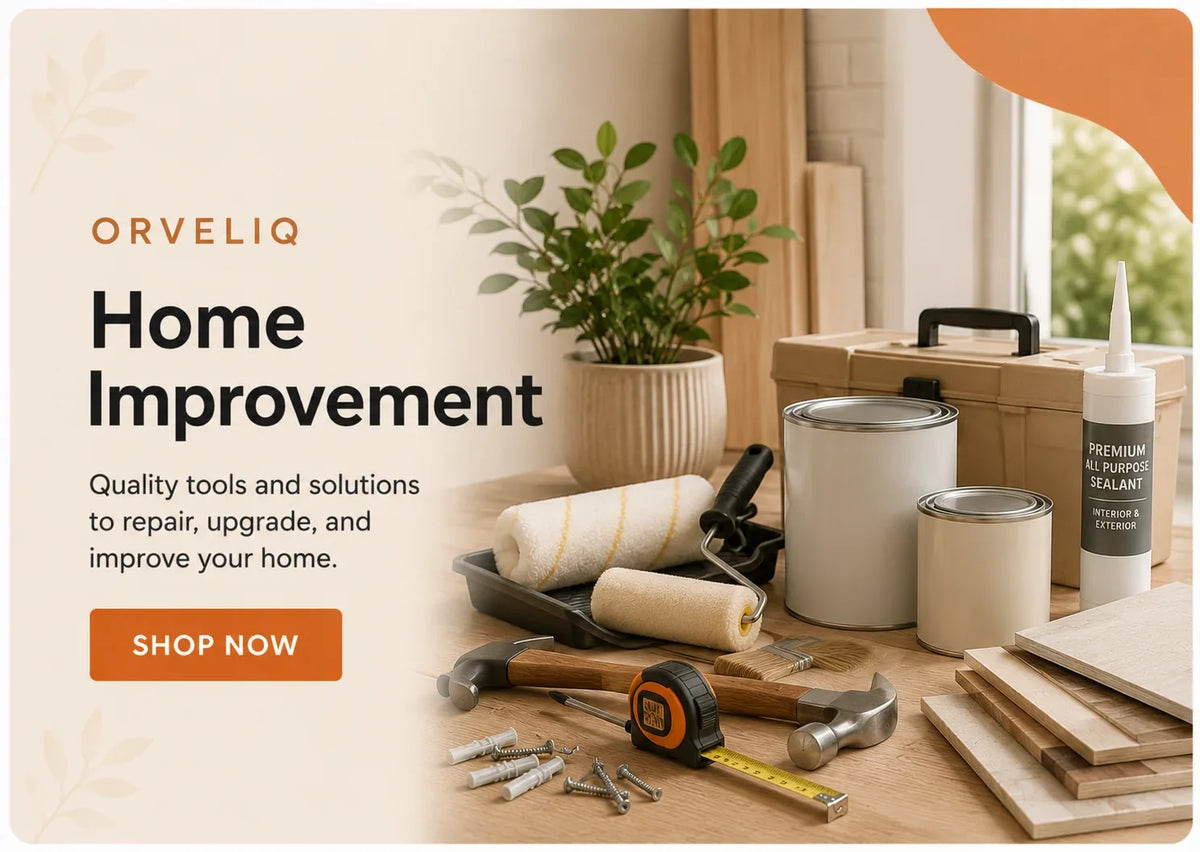 Home improvement tools and supplies including paint rollers, hammers, sealant, and wood planks for DIY projects