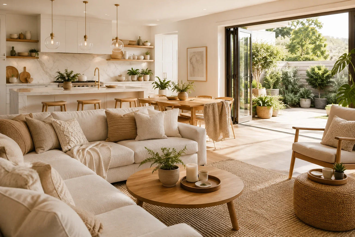Cozy living room with beige sectional sofa, wooden coffee table, and indoor plants, open to garden patio