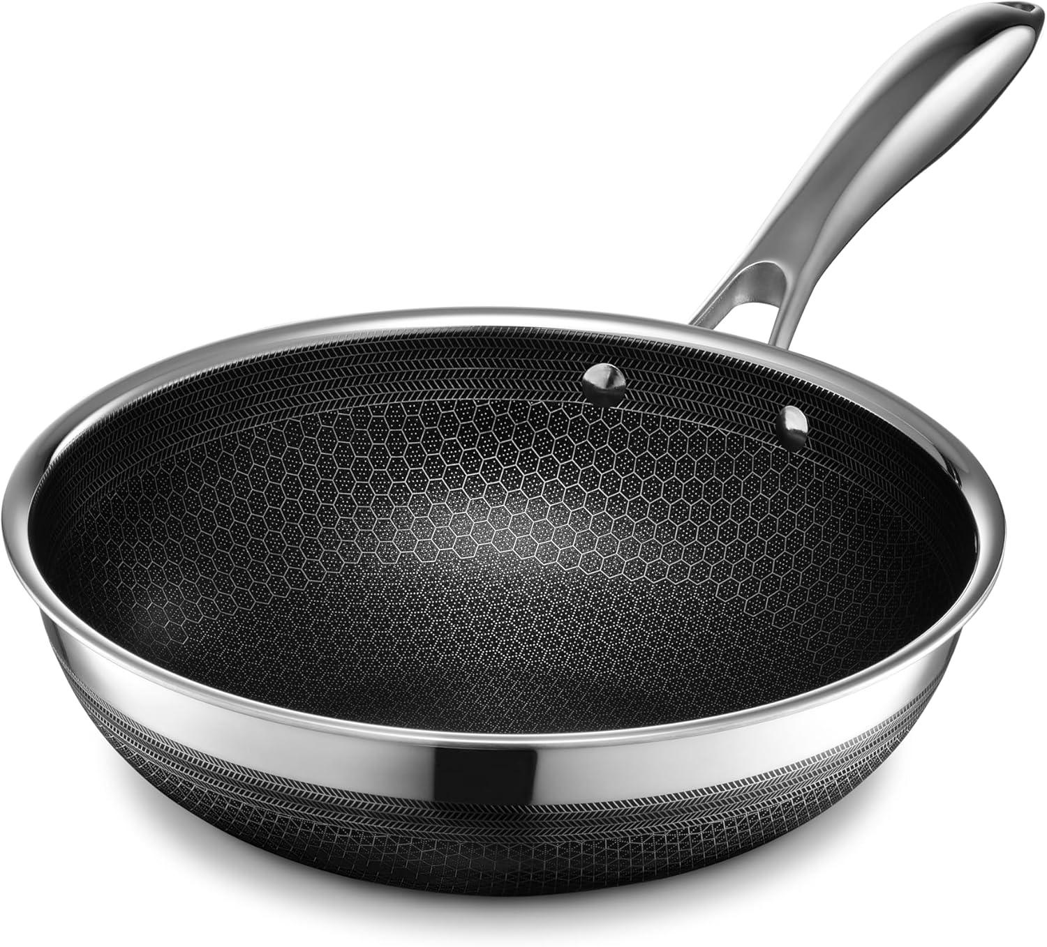 10-inch hybrid nonstick wok pan with honeycomb pattern, stainless steel handle, induction and oven safe