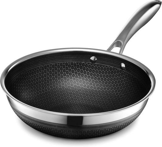10-inch hybrid nonstick wok pan with honeycomb pattern, stainless steel handle, induction and oven safe