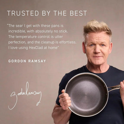 Chef Gordon Ramsay holding a HexClad nonstick frying pan with testimonial text on a beige background