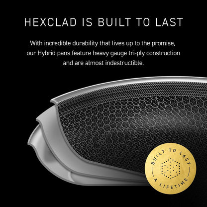 Close-up of HexClad hybrid pan layers showing heavy gauge tri-ply nonstick construction with durability badge