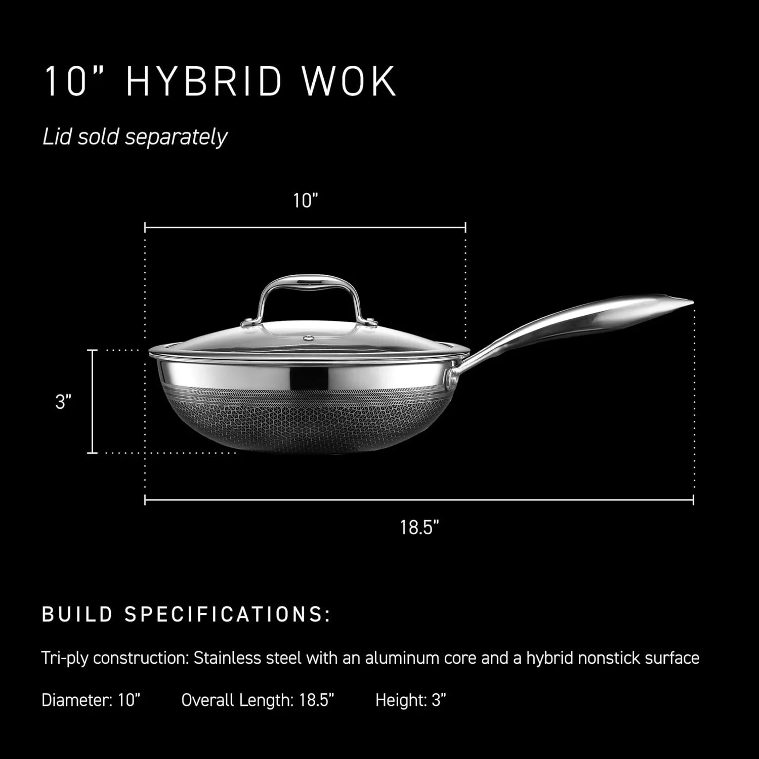 10-inch hybrid wok with lid, stainless steel aluminum core, nonstick surface, 18.5 inches long, 3 inches high