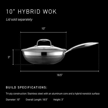 10-inch hybrid wok with lid, stainless steel aluminum core, nonstick surface, 18.5 inches long, 3 inches high