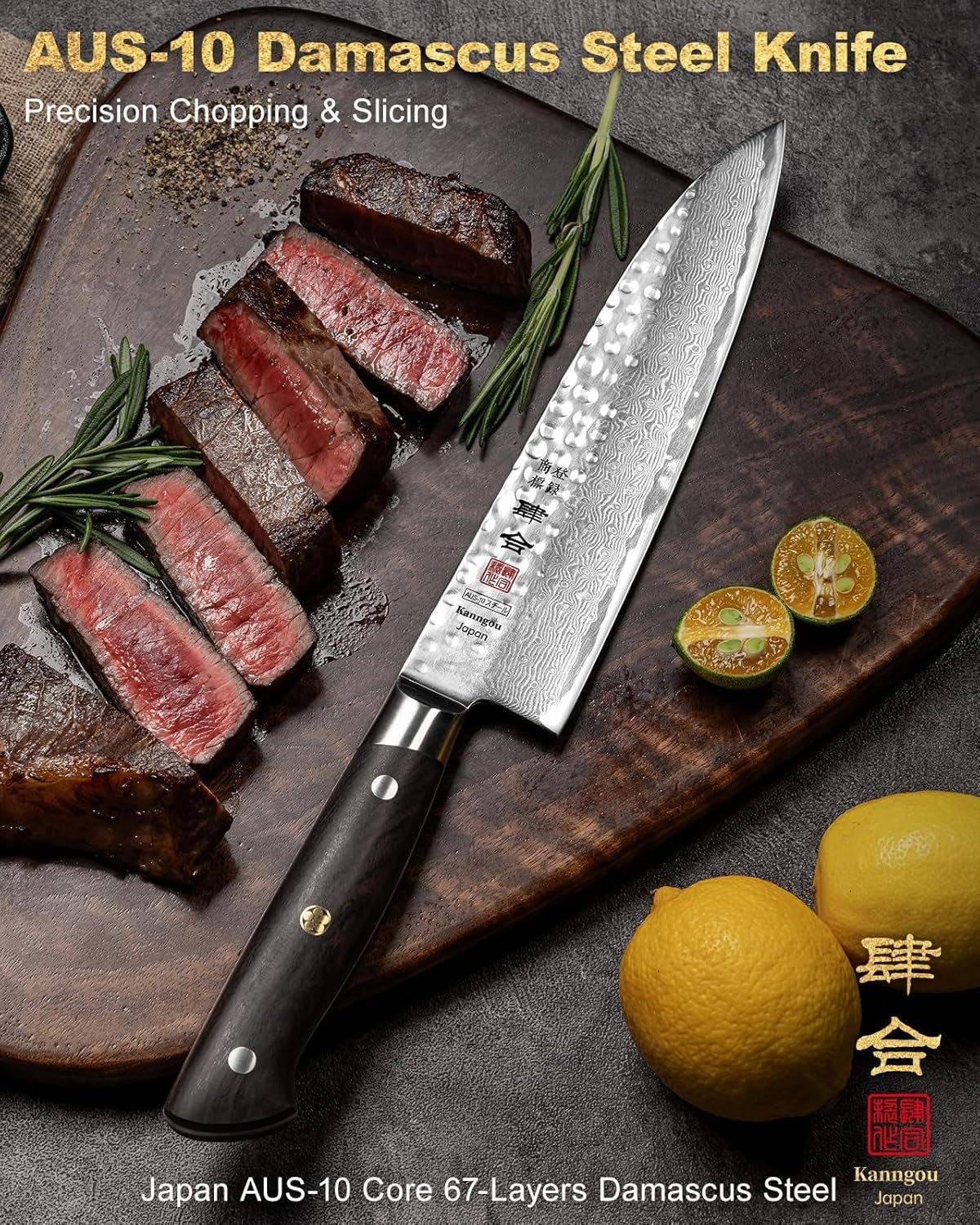 Japanese AUS-10 Damascus steel chef knife with textured blade on wooden board with sliced steak and lemons