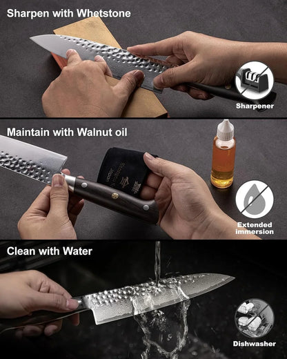 Japanese chef knife with hammered Damascus steel blade being sharpened, maintained with walnut oil, and cleaned with water