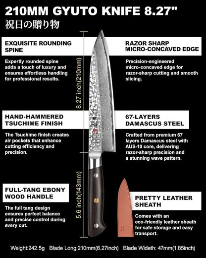 210mm Japanese Gyuto chef knife with 67-layer Damascus steel, ebony wood handle, leather sheath