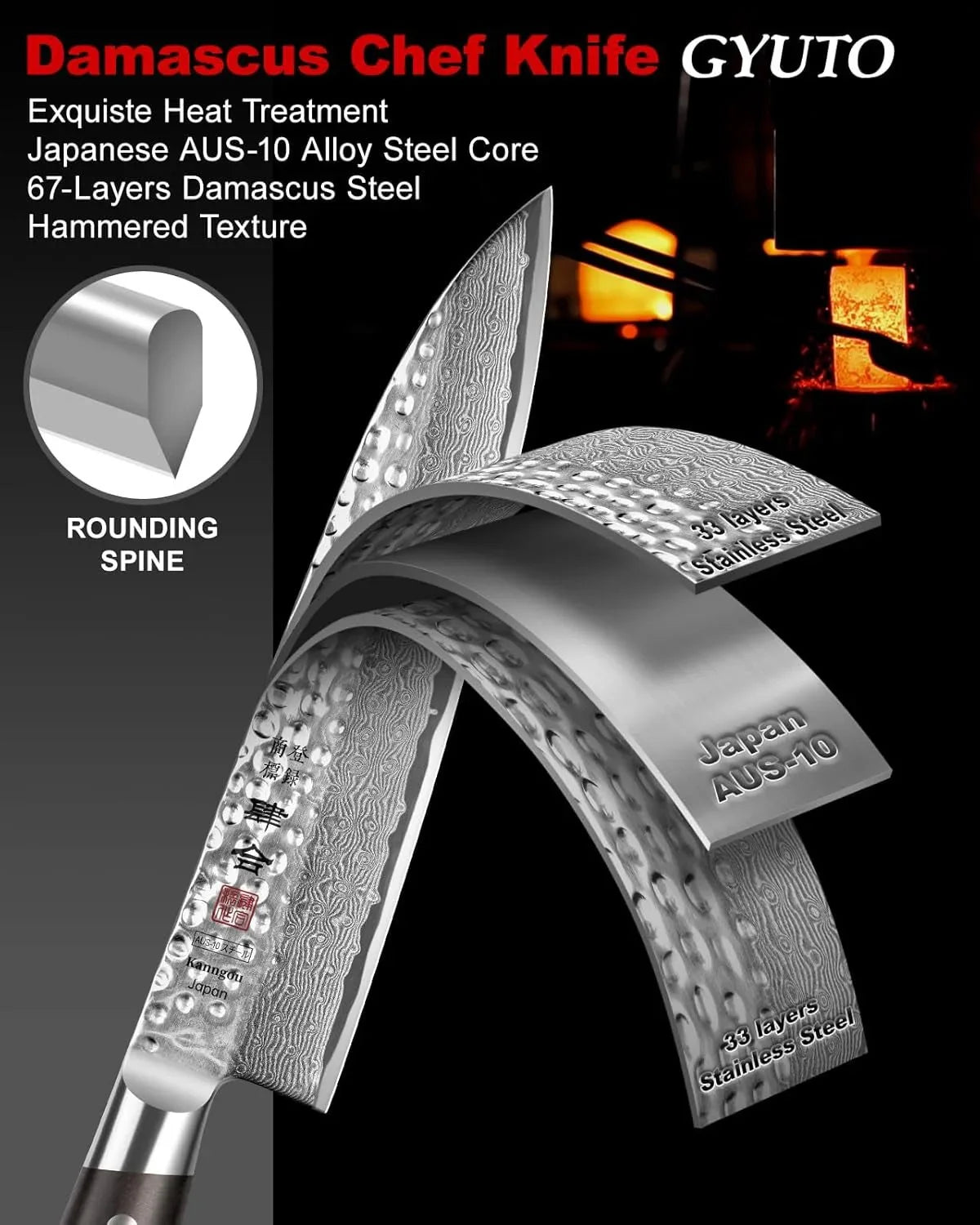 Japanese Damascus Gyuto chef knife with 67-layer AUS-10 steel and hammered texture