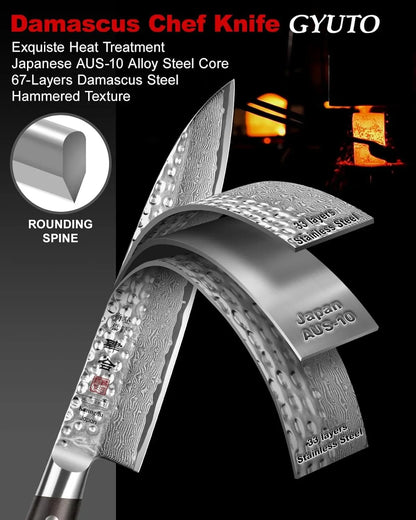 Japanese Damascus Gyuto chef knife with 67-layer AUS-10 steel and hammered texture