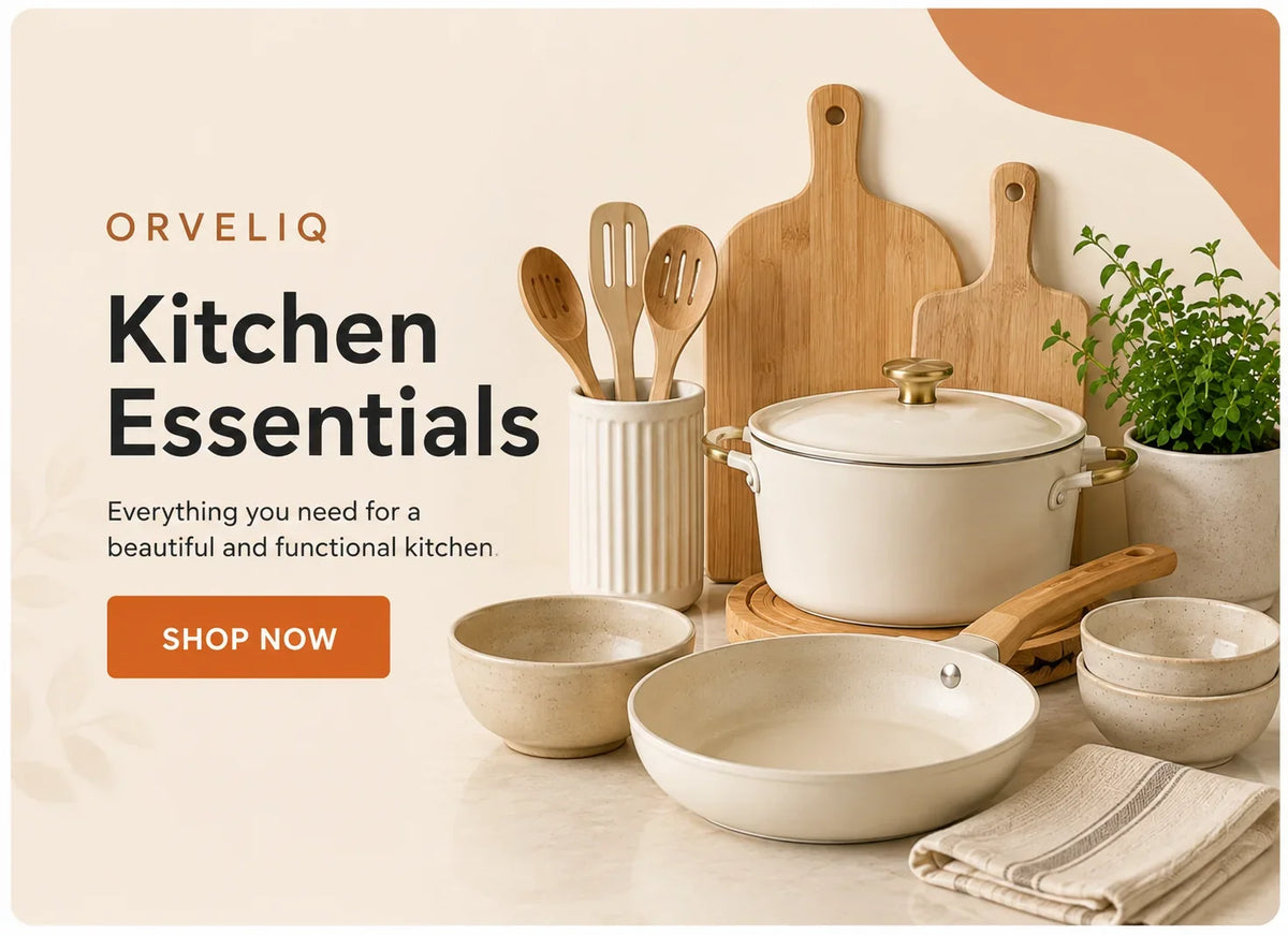 Kitchen essentials including ceramic cookware, wooden utensils, cutting boards, and bowls for a functional kitchen