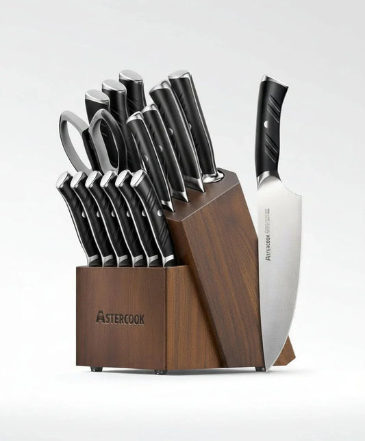 15-piece AsterCook kitchen knife set with black ergonomic handles in wooden block, includes chef knife and scissors