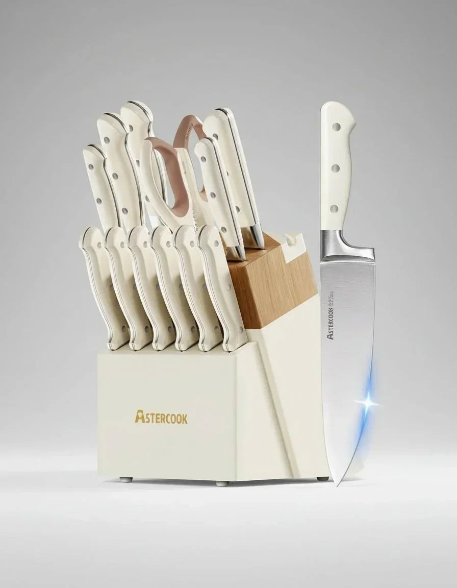 14-piece AsterCook stainless steel kitchen knife set with cream white handles and wooden block