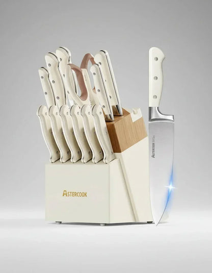 14-piece AsterCook stainless steel kitchen knife set with cream white handles and wooden block