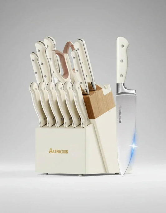 14-piece AsterCook stainless steel kitchen knife set with cream white handles and wooden block