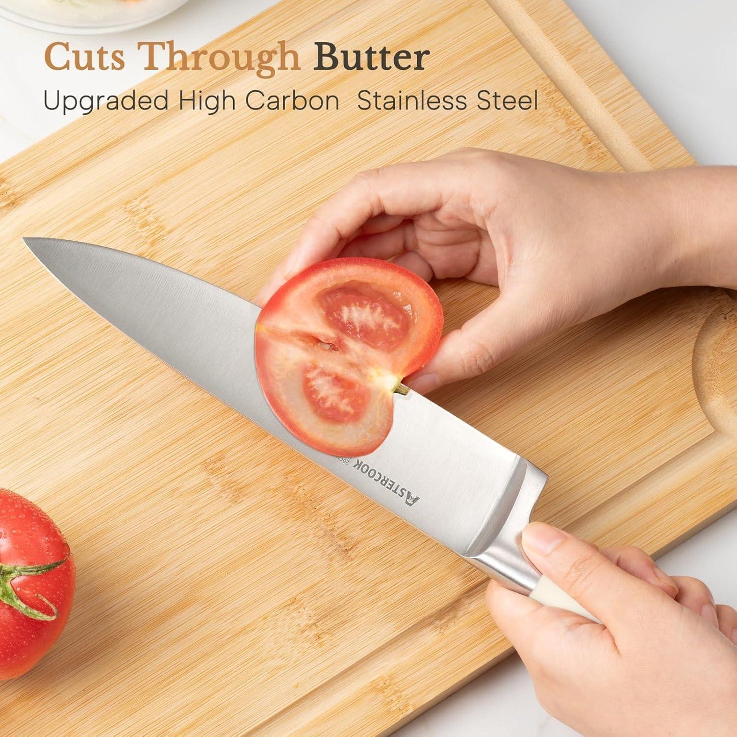 Simmerly Home kitchen knife slicing tomato on bamboo cutting board, high carbon stainless steel blade