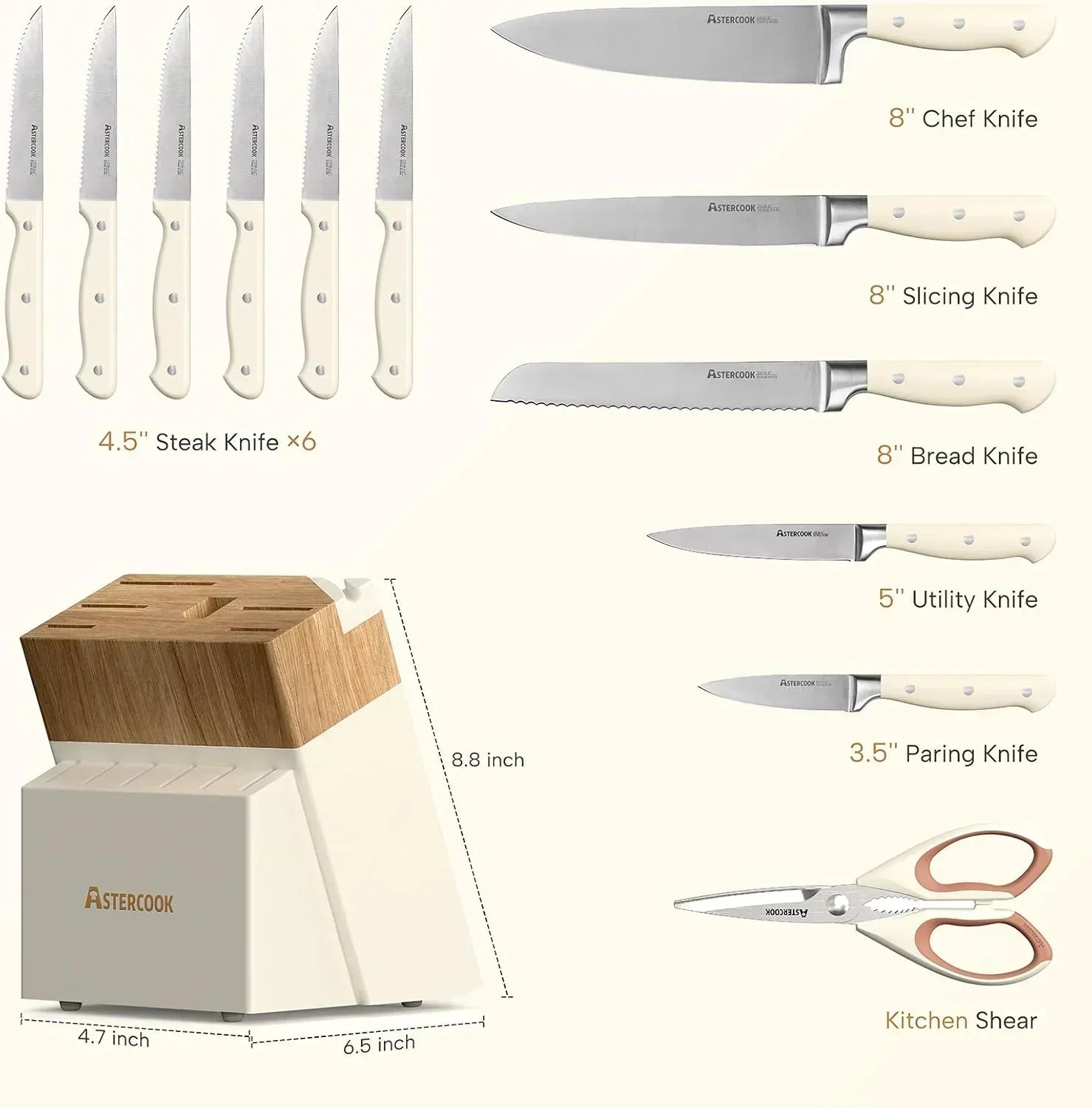 14-piece cream white kitchen knife set with wooden block, including steak, chef, slicing, bread, utility, paring knives, and kitchen shears
