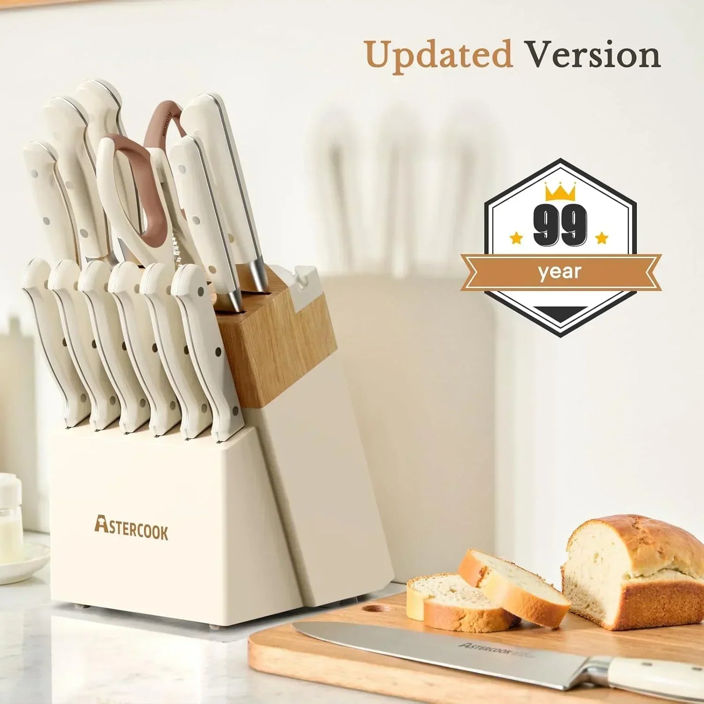14-piece full tang stainless steel kitchen knife set with cream white handles in wooden block by AsterCook