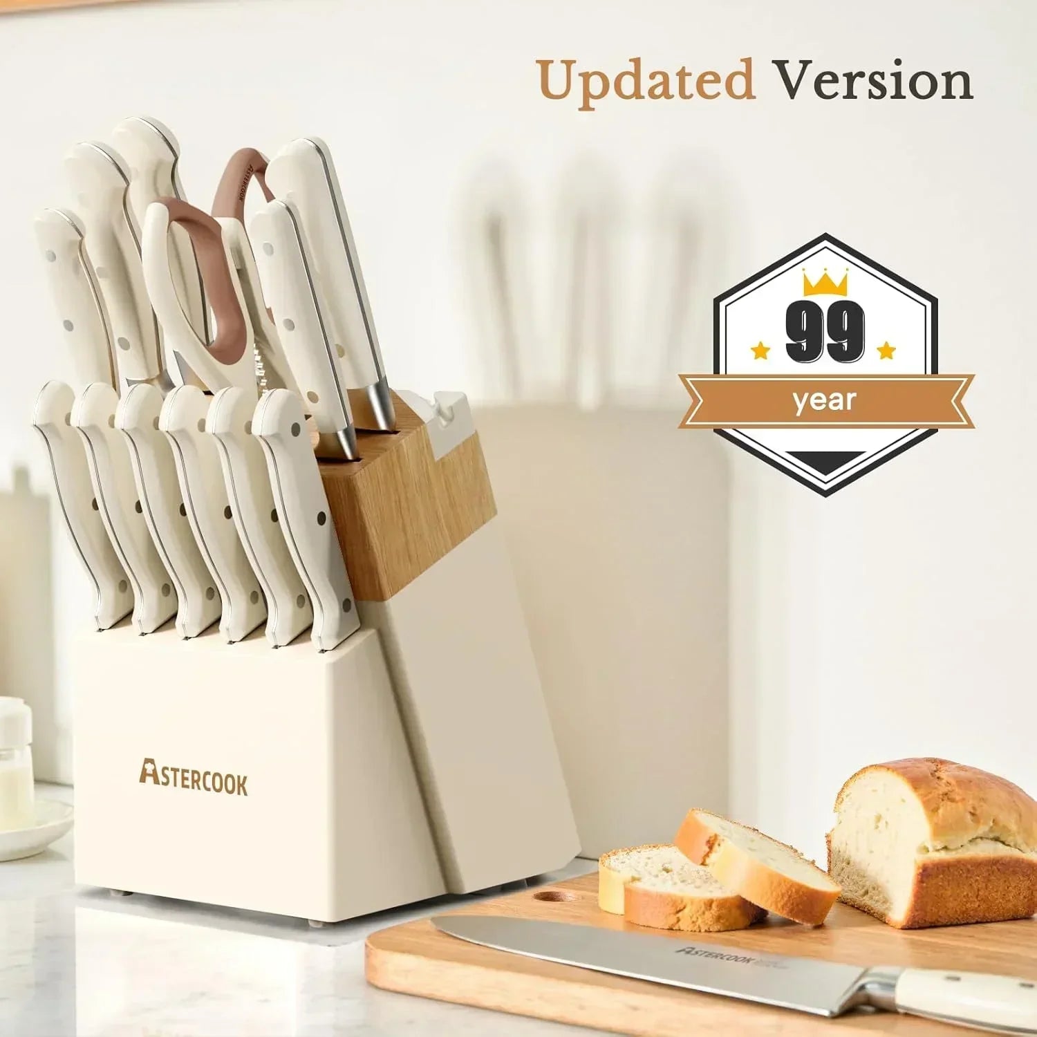 14-piece full tang stainless steel kitchen knife set with cream white handles in wooden block by AsterCook