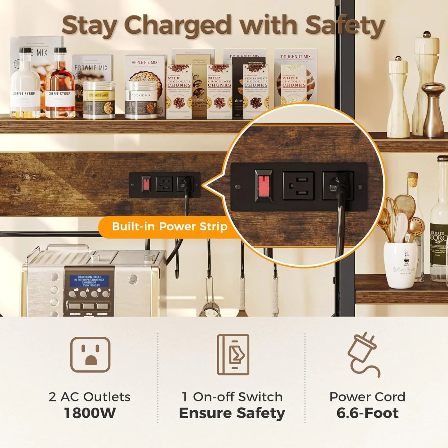 Rustic brown 6-tier bakers rack with built-in power strip, coffee bar shelves, kitchen appliances, and accessories