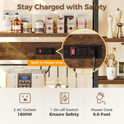 Rustic brown 6-tier bakers rack with built-in power strip, coffee bar shelves, kitchen appliances, and accessories