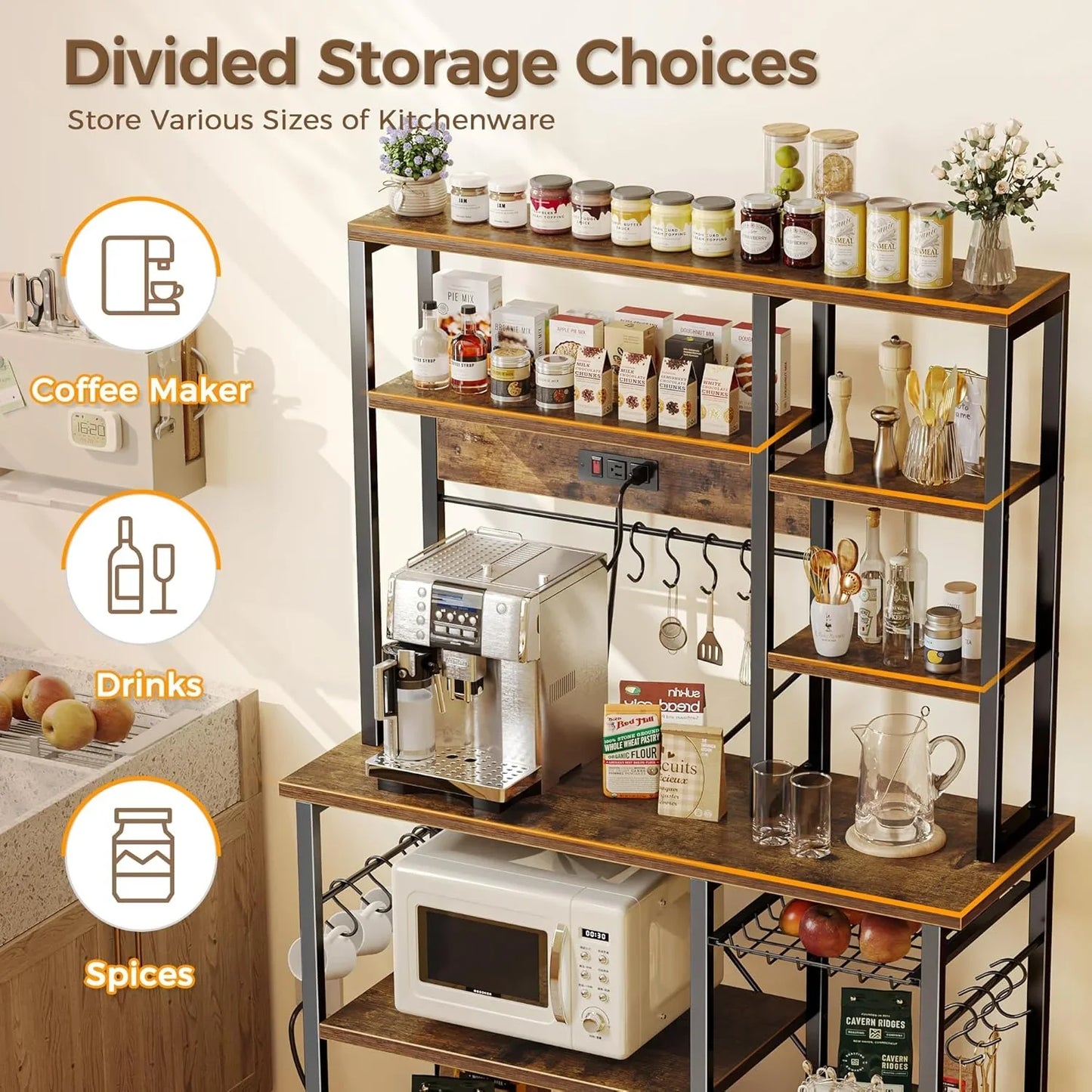 6-tier rustic brown kitchen baker's rack with coffee maker, microwave, spices, drinks, and power outlets