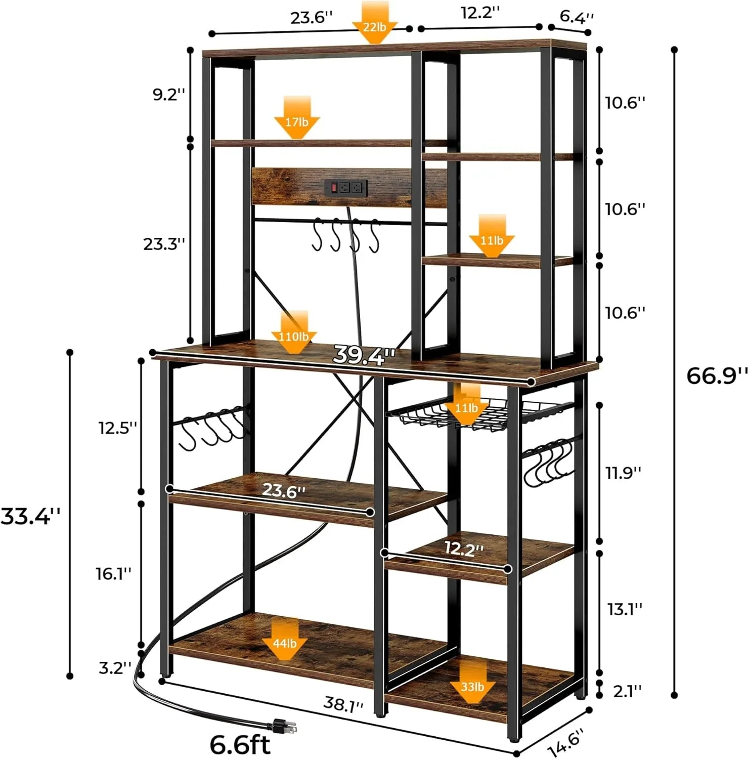 6-tier rustic brown bakers rack with black metal frame, power outlets, hooks, and wire basket