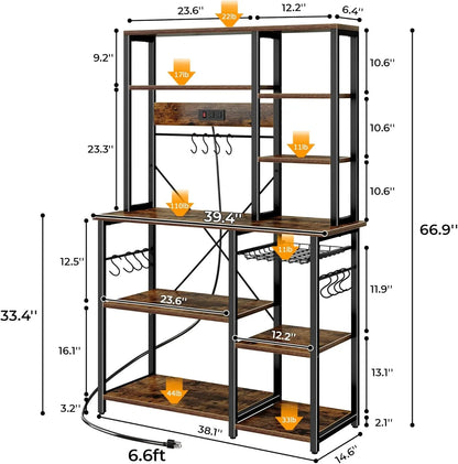 6-tier rustic brown bakers rack with black metal frame, power outlets, hooks, and wire basket