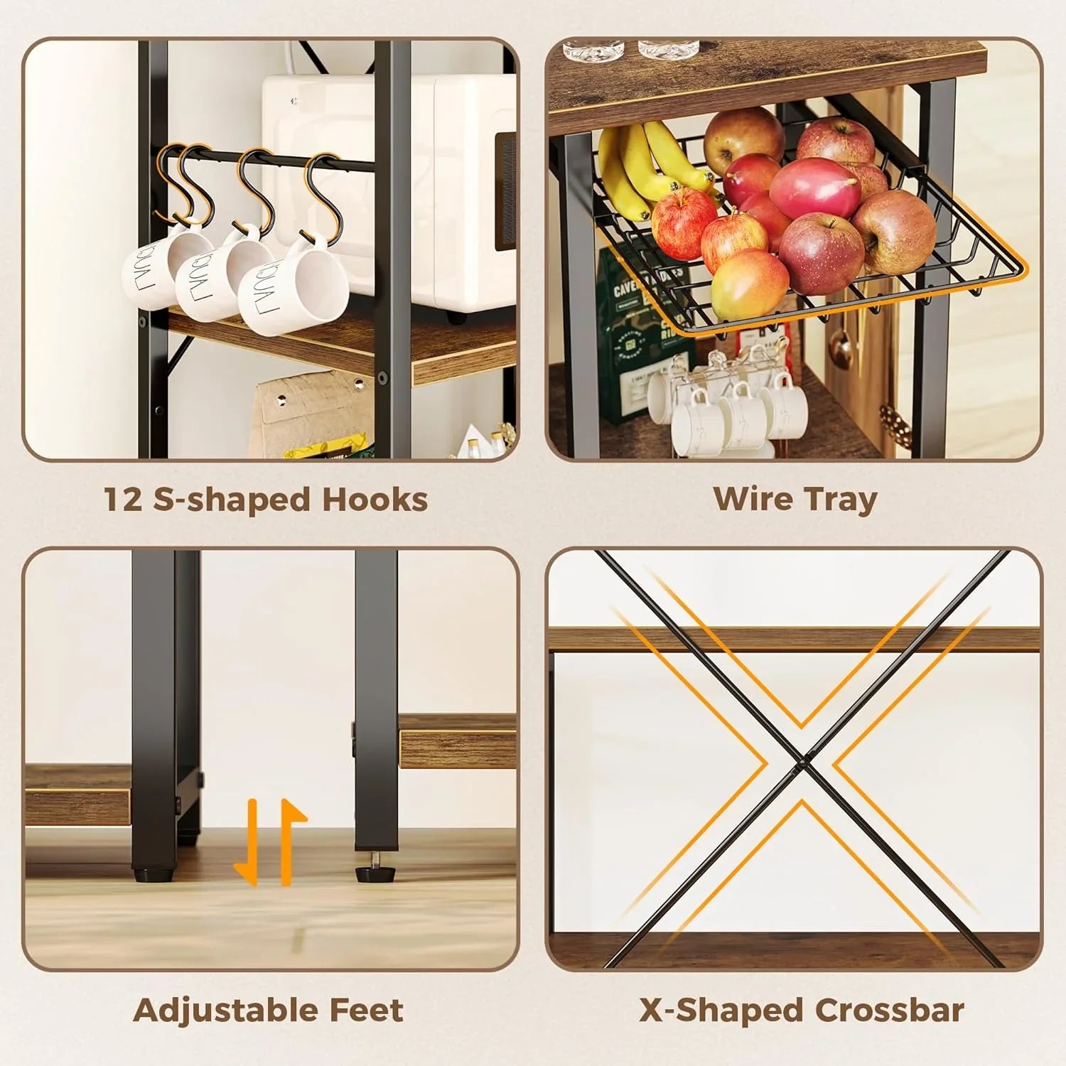 close-up details of a 6-tier rustic brown kitchen bakers rack with S-shaped hooks, wire tray with fruits, adjustable feet, and X-shaped crossbar