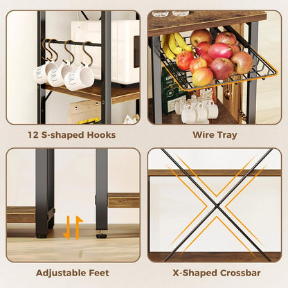 close-up details of a 6-tier rustic brown kitchen bakers rack with S-shaped hooks, wire tray with fruits, adjustable feet, and X-shaped crossbar