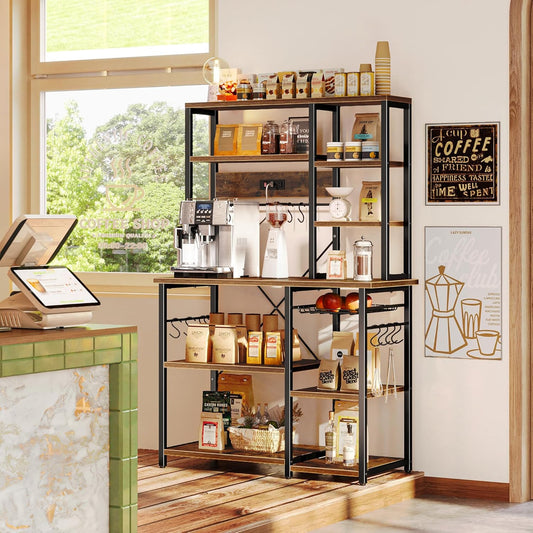 Coffee-themed decor with shelves, coffee machine, and coffee-themed items in a room with a window.