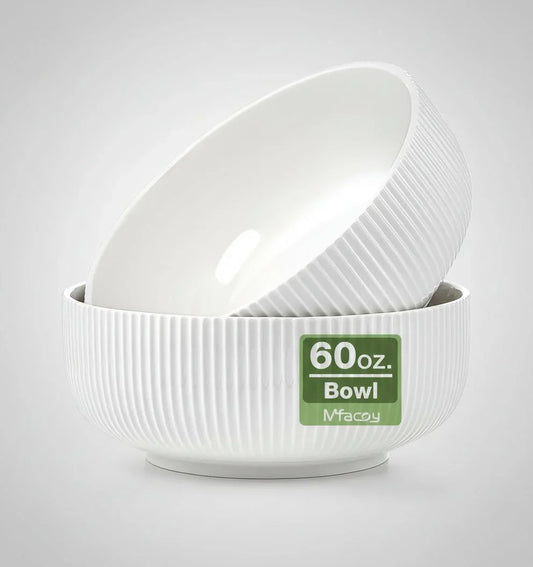 Set of two large white ceramic salad bowls with textured exterior and 60 oz capacity