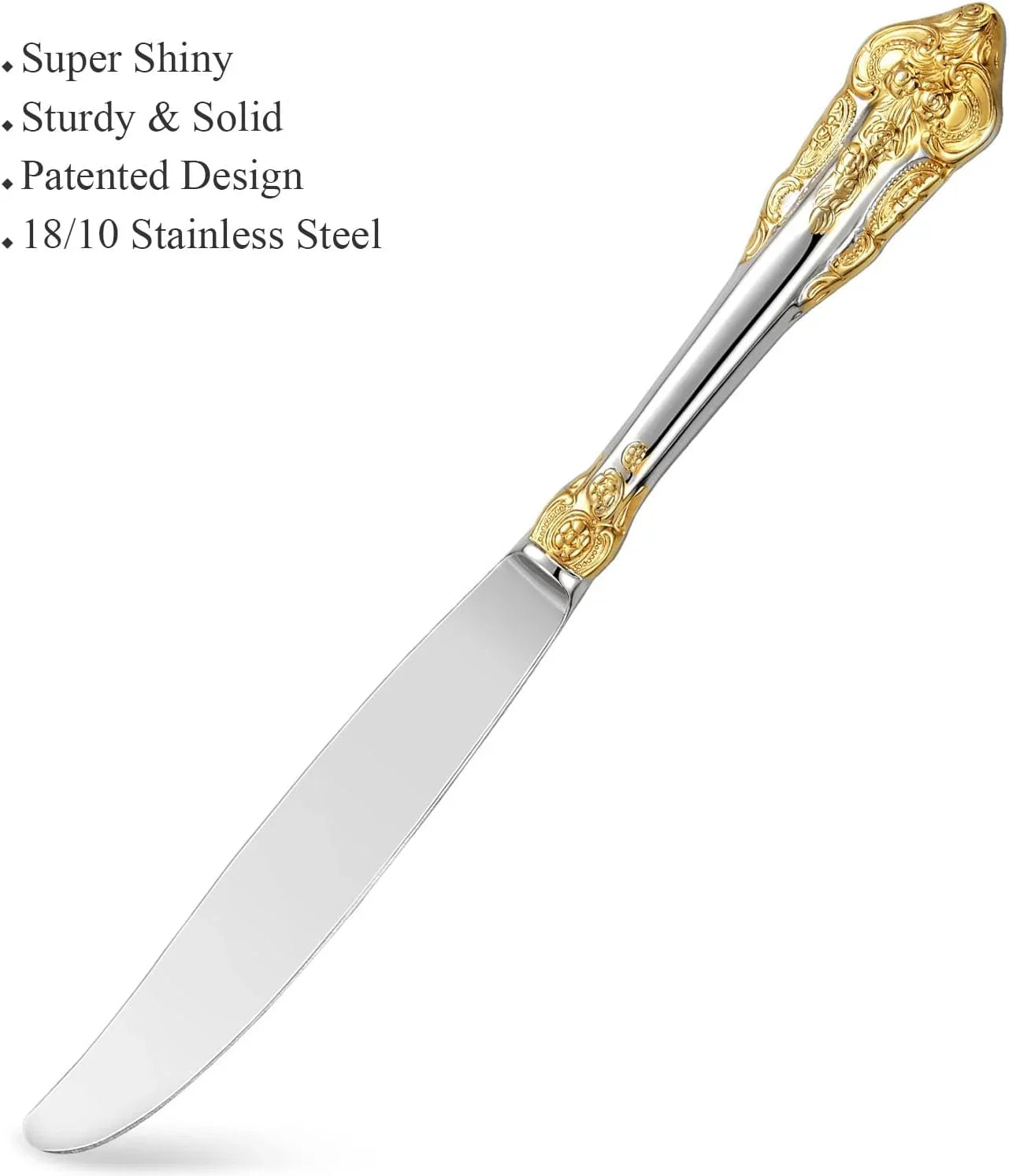 Luxury 18/10 stainless steel knife with ornate gold-accented handle, super shiny and sturdy
