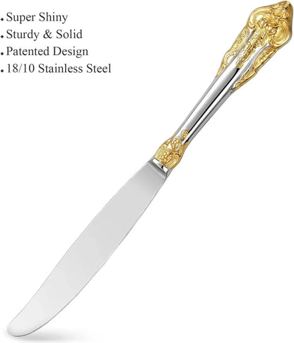 Luxury 18/10 stainless steel knife with ornate gold-accented handle, super shiny and sturdy