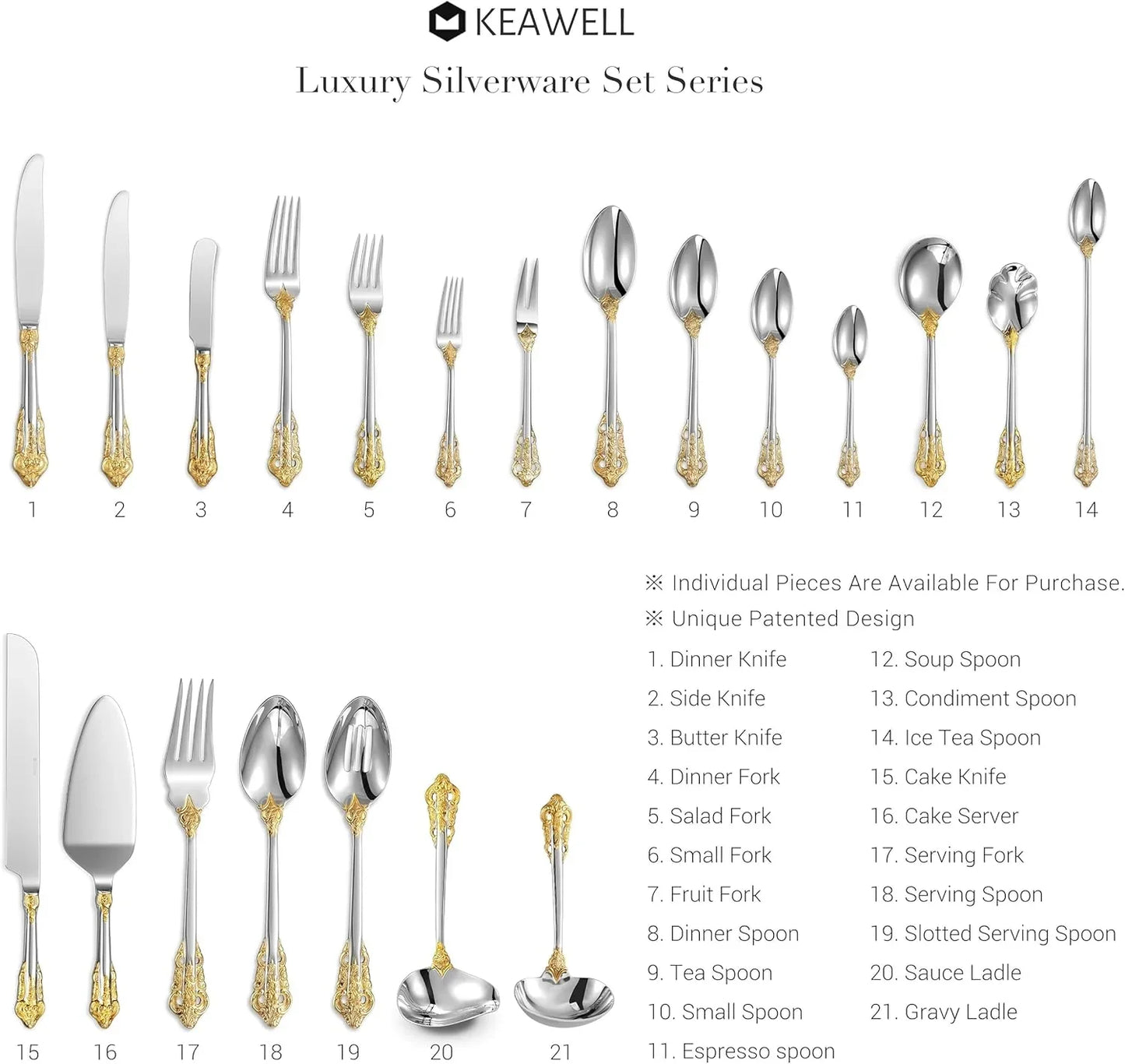 Luxury 21-piece silverware set with gold accents including knives, forks, spoons in elegant design by Keawell